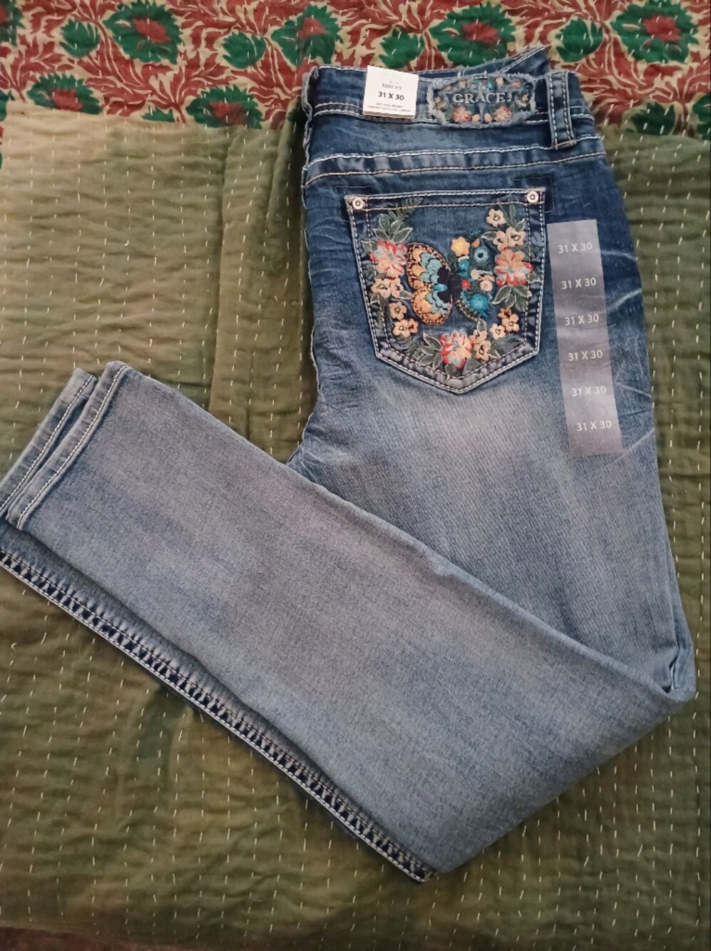 Grace Light Blue Skinny Jeans with Embroidered Floral Back Pocket